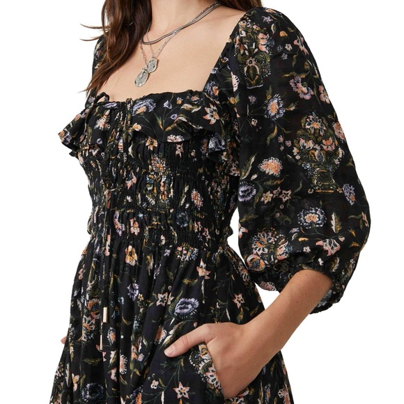 FREE PEOPLE Oasis Floral Printed Midi Dress Black Combo - M - Picture 3 of 5